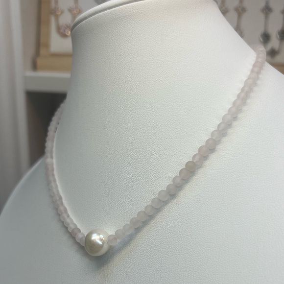 NP139 Genuine 11-12mm IvoryEdisonPearl 16” Necklace Matte Brazilian Rose Quartz - Picture 2 of 4